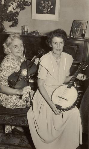 Digital Photograph - Two Women with Violin & Banjo, Caulfield South, 1946