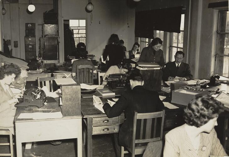 Digital Photograph - Men & Women Working in Office, Netherlands Indies Government Information Service, Melbourne, 1942