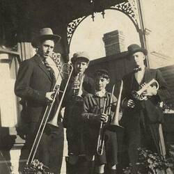 Digital Photograph - Holden Brothers Circus Band Rehearsing on Verandah of House, Kensington, 1920s