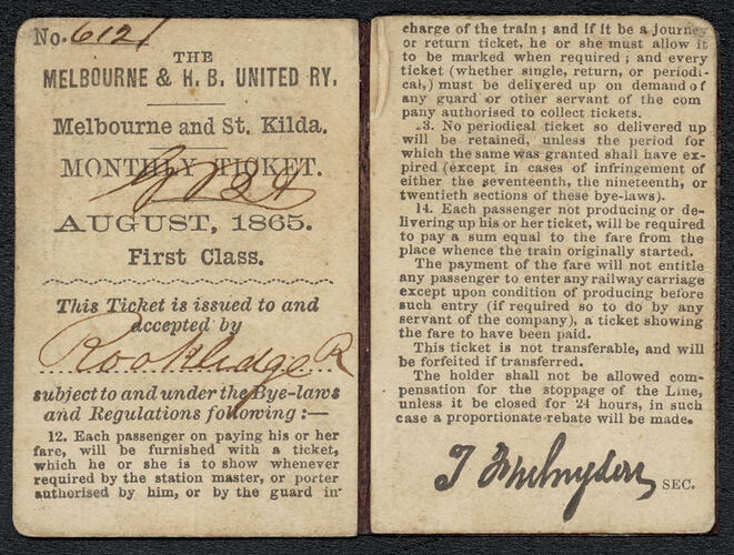 Monthly Train Ticket - Melbourne & Hobson's Bay United Railway, August 1865