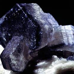 Blocky purple crystal on a white mineral specimen.