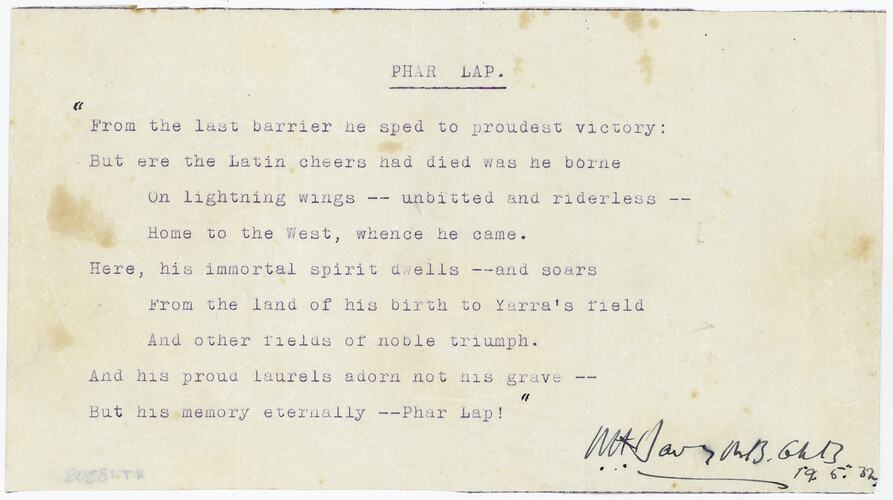 Poem - Phar Lap, 19 May 1932