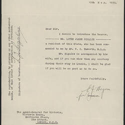 Letter - Introduction for Letho Sigalas, Premier of Victoria, 1939