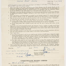 Form - Application for Board and Lodging at Brooklyn Hostel, 1956
