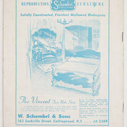 Back page of magazine with advertisement for Schembri  furniture.