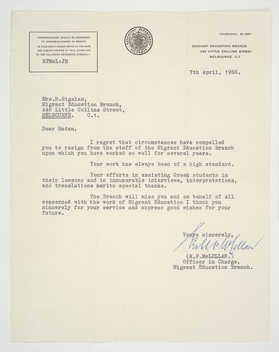 Letter - Education Department to Lili Sigalas, 7 April 1966