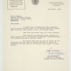 Letter - Education Department to Lili Sigalas, Appreciation of Work for the Department, 7 Apr 1966