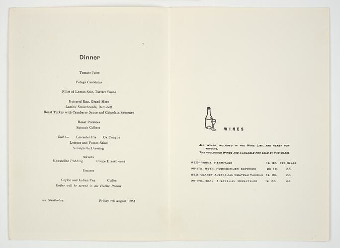 Inside of printed dinner menu for the SS Stratheden.