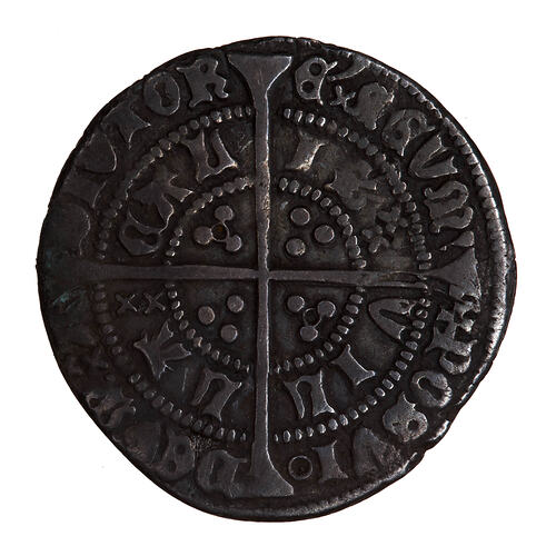 Coin, round, long cross pattee dividing legend; text around in two concentric circles.