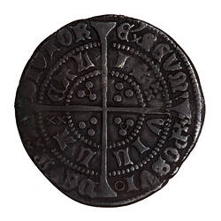 Coin, round, long cross pattee dividing legend; text around in two concentric circles.