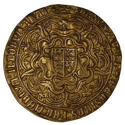 Coin, round, Royal shield quartered with arms of England and France above a Tudor rose. Text around.