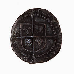 Coin, round, within beaded circle, cross fourchee quartered with the arms of France and England.