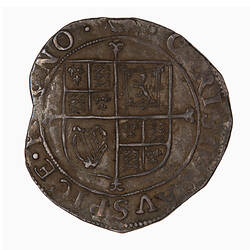 Coin, round, shield quartered with the arms of England, France, Scotland and Ireland.