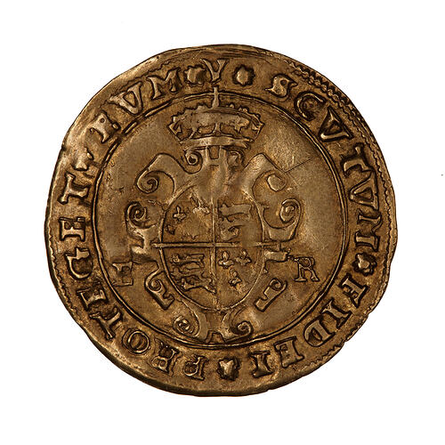 Coin, round, A crowned oval garnished shield quartered with the arms of England and France, dividing ER.