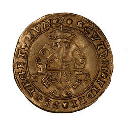 Coin, round, A crowned oval garnished shield quartered with the arms of England and France, dividing ER.