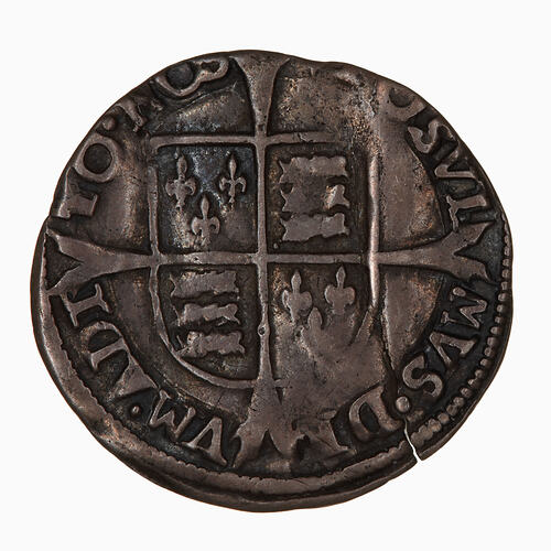 Coin, round, Royal shield, quartered with the English and French arms, on a cross fourchee; text around.