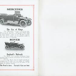 Page of catalogue with pictures of two cars and text.