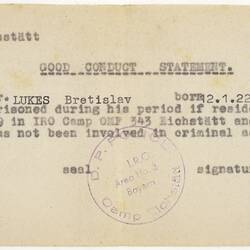 Document - Good Conduct Statement, Issued to Bretislav Lukes, 11 Aug 1949