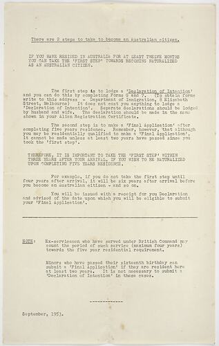Leaflet - [Information Sheet on Becoming a Citizen], September 1953