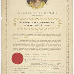 Naturalization Certificate - Issued to Antoni Kozuch, Commonwealth of Australia, 15 May 1958