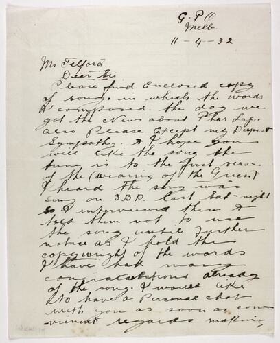 Handwritten letter from Kneebone to Telford regarding Phar Lap's death.