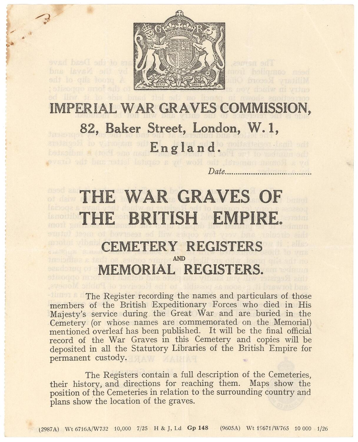 Leaflet Imperial War Graves Commission, Cemetery & Memorial Registers
