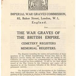 Leaflet - Imperial War Graves Commission, Cemetery & Memorial Registers, 1928