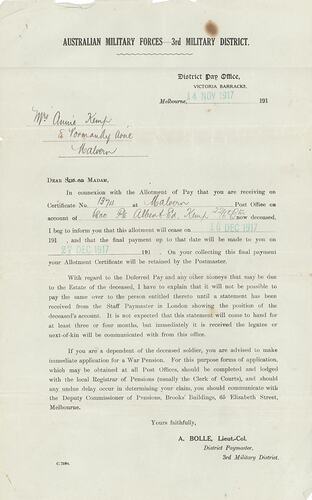Letter - Australian Military Forces, 3rd Military District Pay Office, Cessation of Pay, 14 Nov 1917