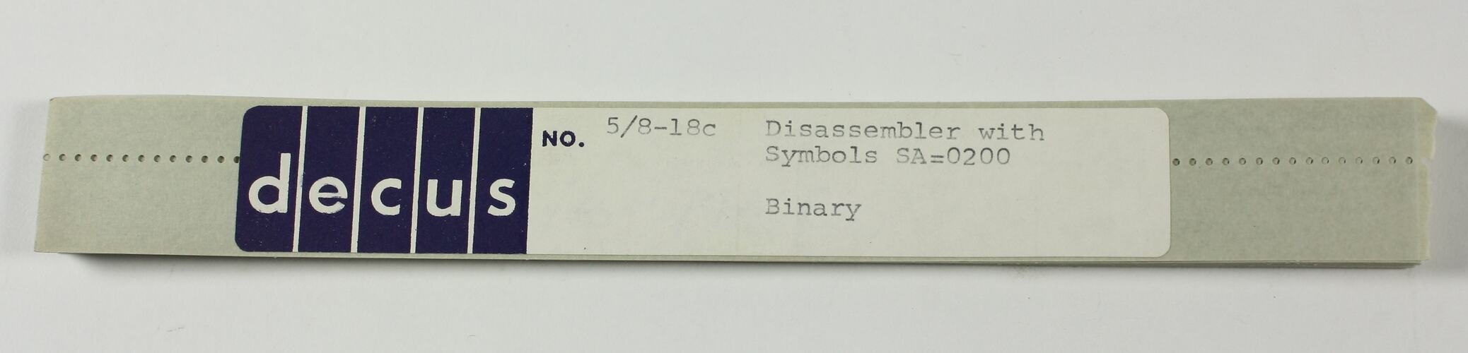 Paper Tape - DECUS, '5/8-18c Disassembler with Symbols, SA=0200, Binary'