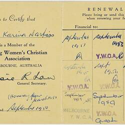 Membership Card - YWCA, Melbourne, 1950-1959