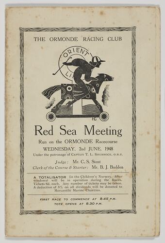 Programme - 'The Ormonde Racing Club Red Sea Meeting', Orient Line, 1948