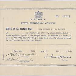 Certificate - Issued to Howard F. W. Dawson, State Emergency Council, Air Raid Precautions, Victoria, 1941