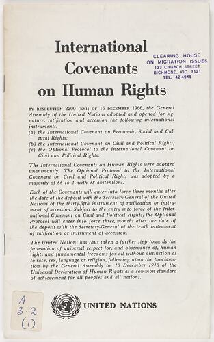 Booklet - 'International Covenants on Human Rights', United Nations, 1967