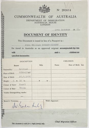 Identity Document - Issued to John Gordon-Kirkby, by Commonwealth of Australia, 19 Oct 1961