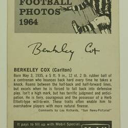 Football Card - Berkeley Cox, Carlton, Mobil VFL Football Photos Series, 1964