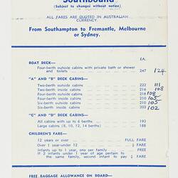 Leaflet - MV Fairsea, Passage Rates Southbound, 1959