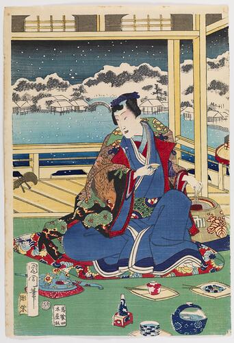 Woodblock print on paper, depicting Prince Genji dining while viewing falling snow from a river side balcony