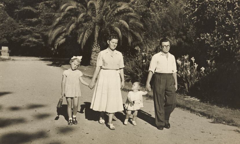 Man, Woman & Two Girls Walking in Royal Botanic Garden, South Yarra, 1951