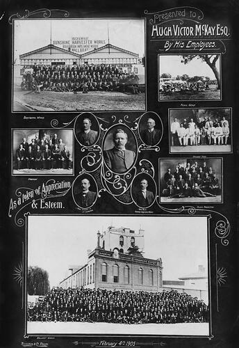 Presentation of five male portraits surrounded by six group portraits. Cursive text around.