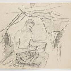 Off-white open book page, with drawing of a shirtless man in shorts sitting down.