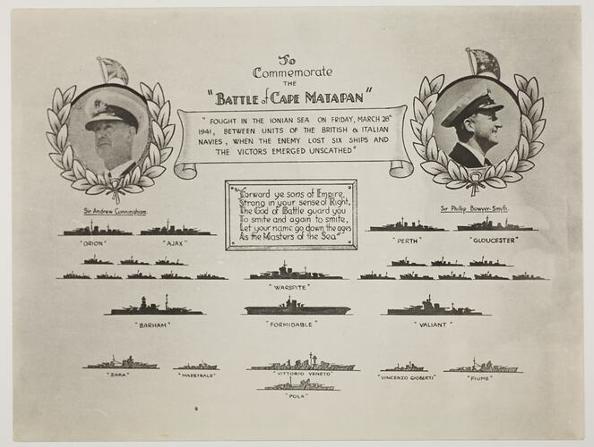 Portraits of two men in military uniform with printed text between, silhouettes of multiple ships below.