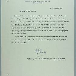Reference - Mr A. Barlow from Methodist Church, East Malvern, Victoria, 7 Oct 1969