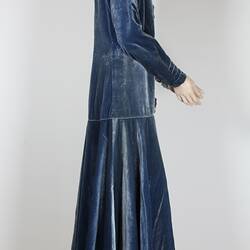 Side view dress of pale blue cotton velvet.