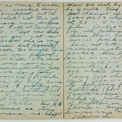 Open book, 2 cream pages with faint grid pattern. Cursive handwritten text in blue ink. Page 56 and 57.