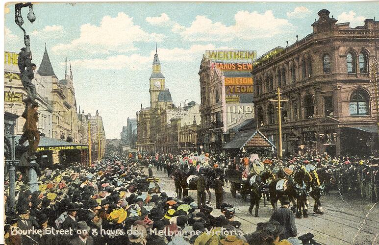 Postcard - 'Bourke Street on 8 Hours Day', 1919-1930