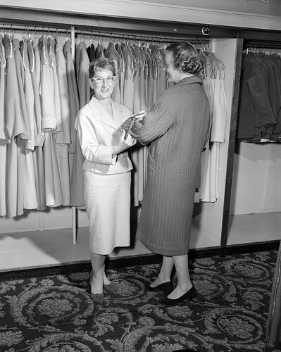 The Mutual Store Ltd., Woman Being Fitted for a Coat, Victoria, 15 Apr 1959