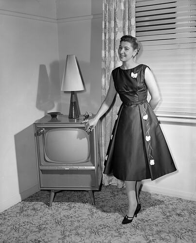 Ladies Fashion, Model Standing by a Television, Victoria, 12 May 1959