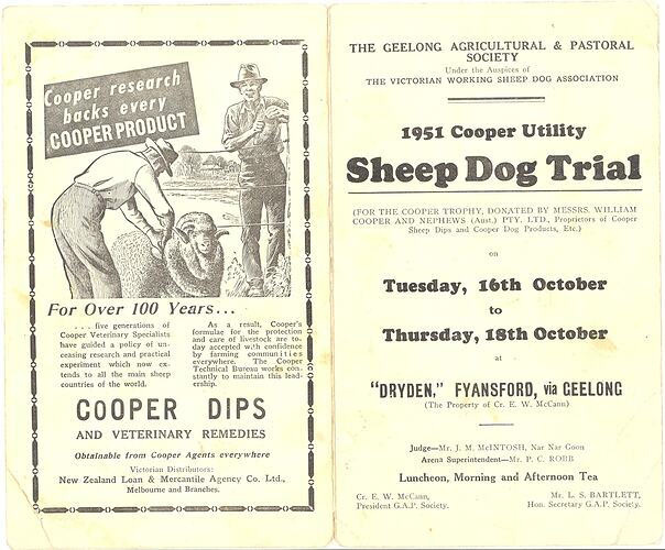 Program - Geelong Agricultural & Pastoral Society, 'Cooper Utility Sheep Dog Trial', 1951