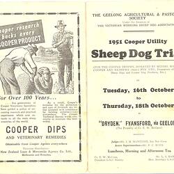 Programme - Geelong Agricultural & Pastoral Society, 'Cooper Utility Sheep Dog Trial', 1951