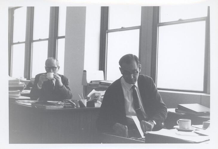Photograph - Kodak Australasia Pty Ltd, Jack Hennesy & Roy at Office Desks, Building 8, Coburg, 1966